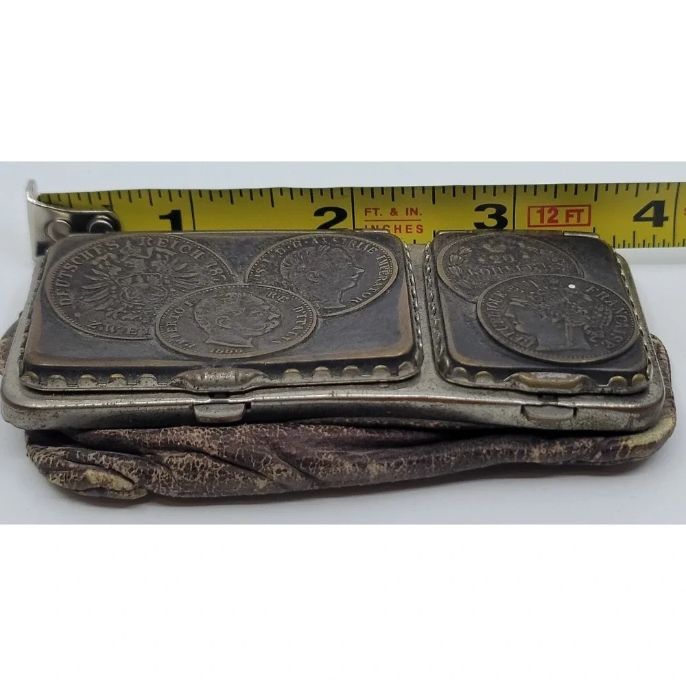 Vintage‎ Art Nouveau World Currency Leather Coin Bag Pouch Early Antique